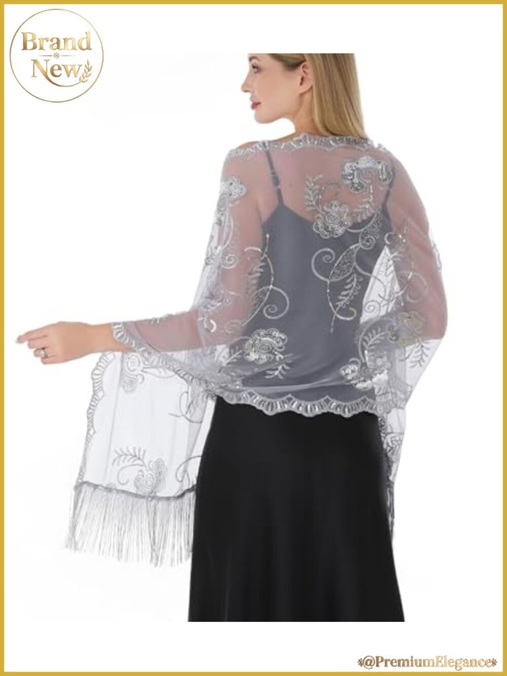 Sheer Lace Formal Evening Wrap with Fringe Sequin Floral Bridal Shawl